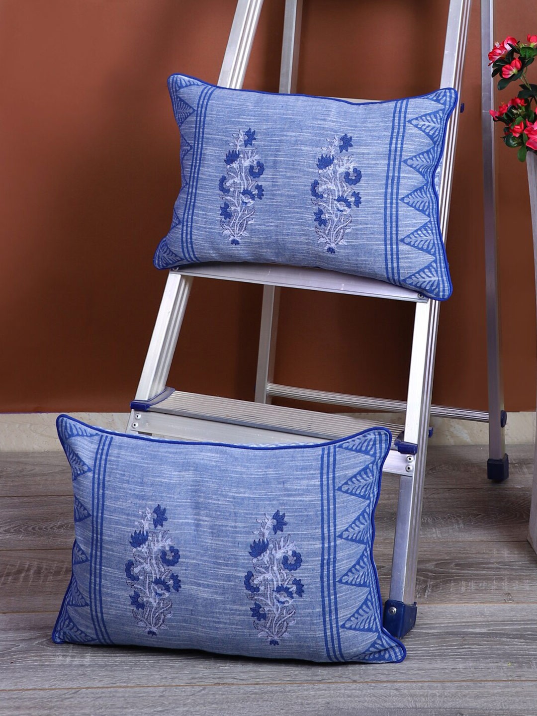 

Rajasthan Decor 2 Pieces Blue Ethnic Motifs Cotton Rectangle Cushion Covers