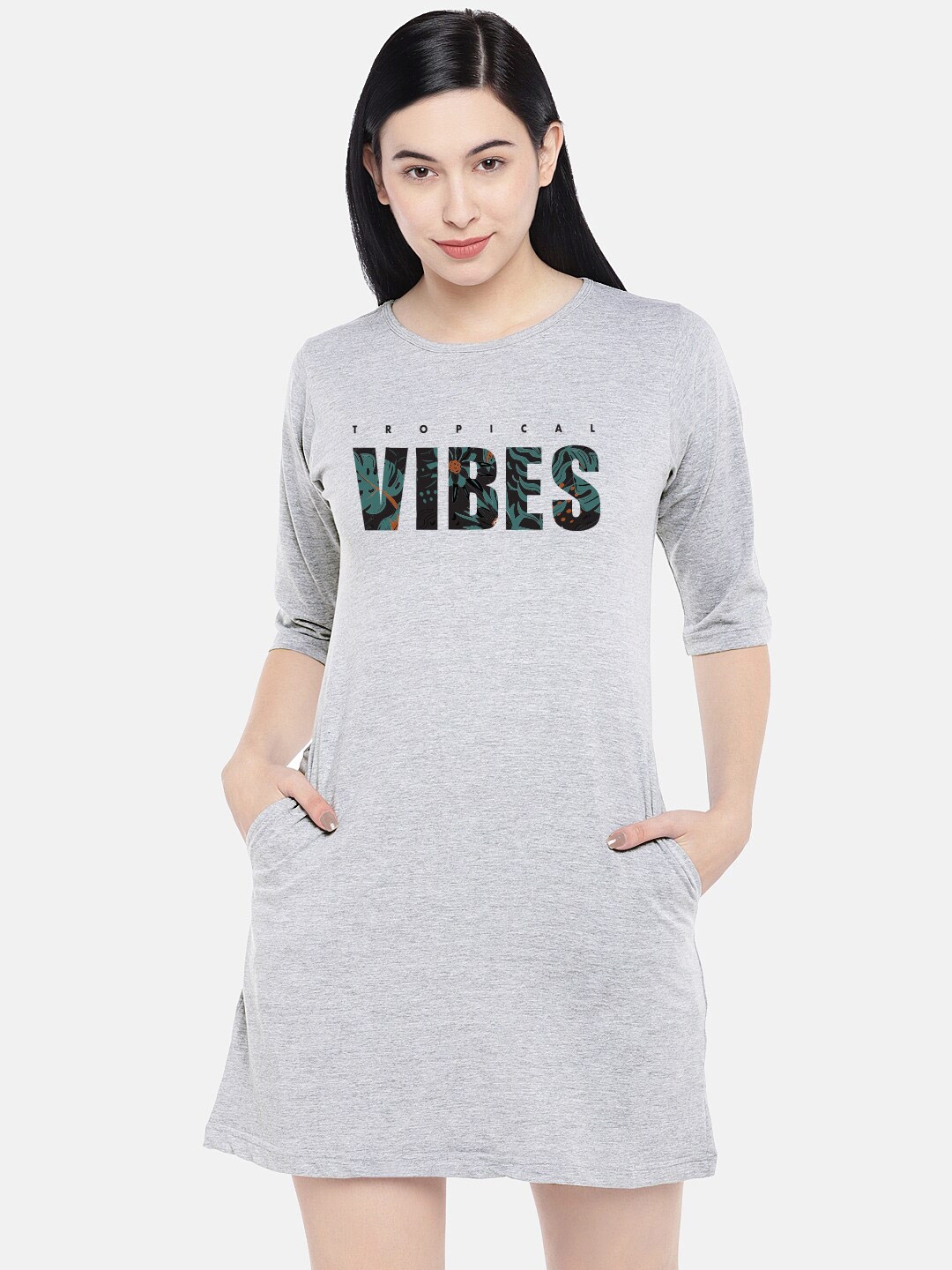 

STATUS MANTRA Grey Print T-shirt Dress