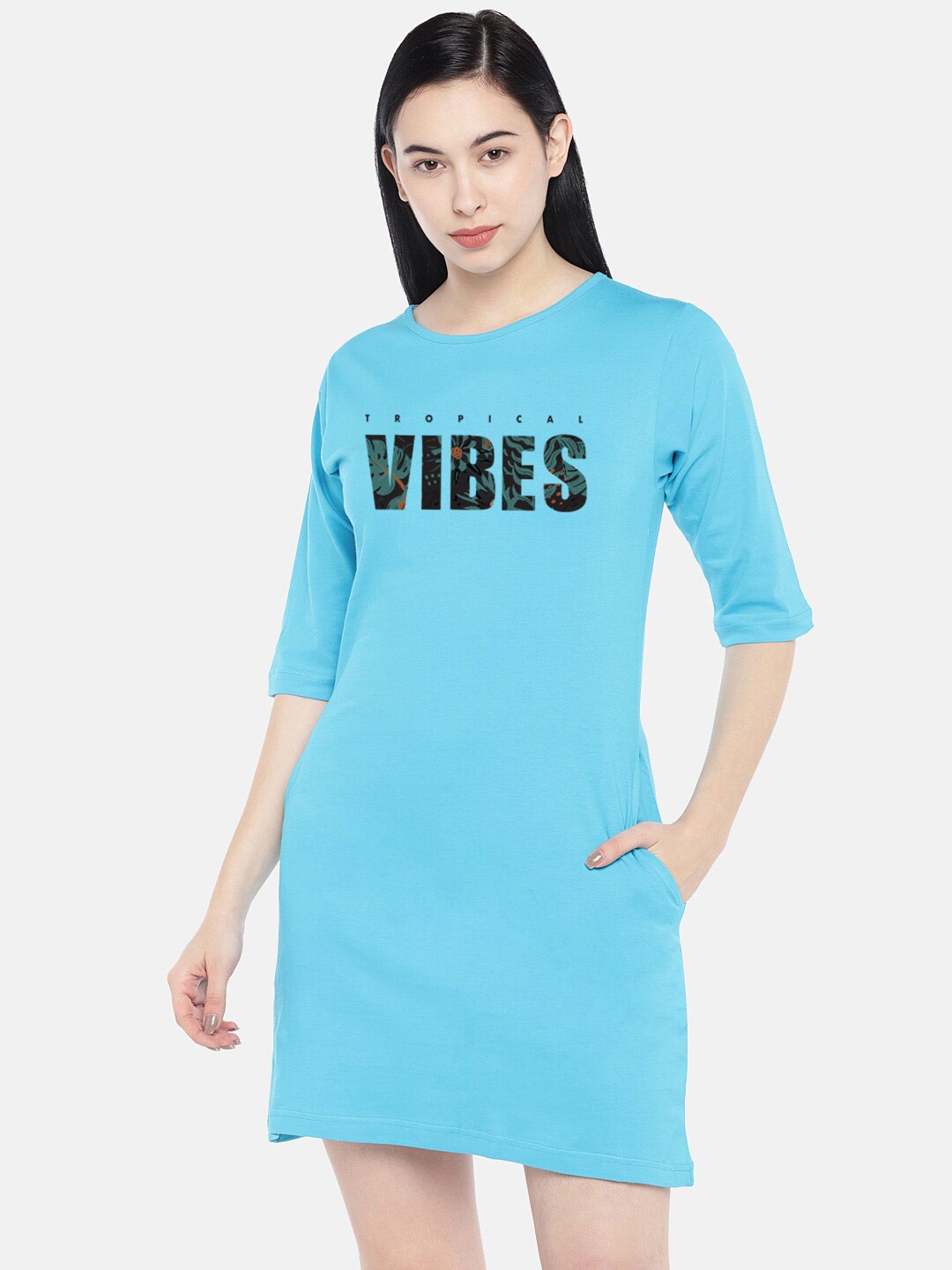 

STATUS MANTRA Turquoise Blue Print T-shirt Dress