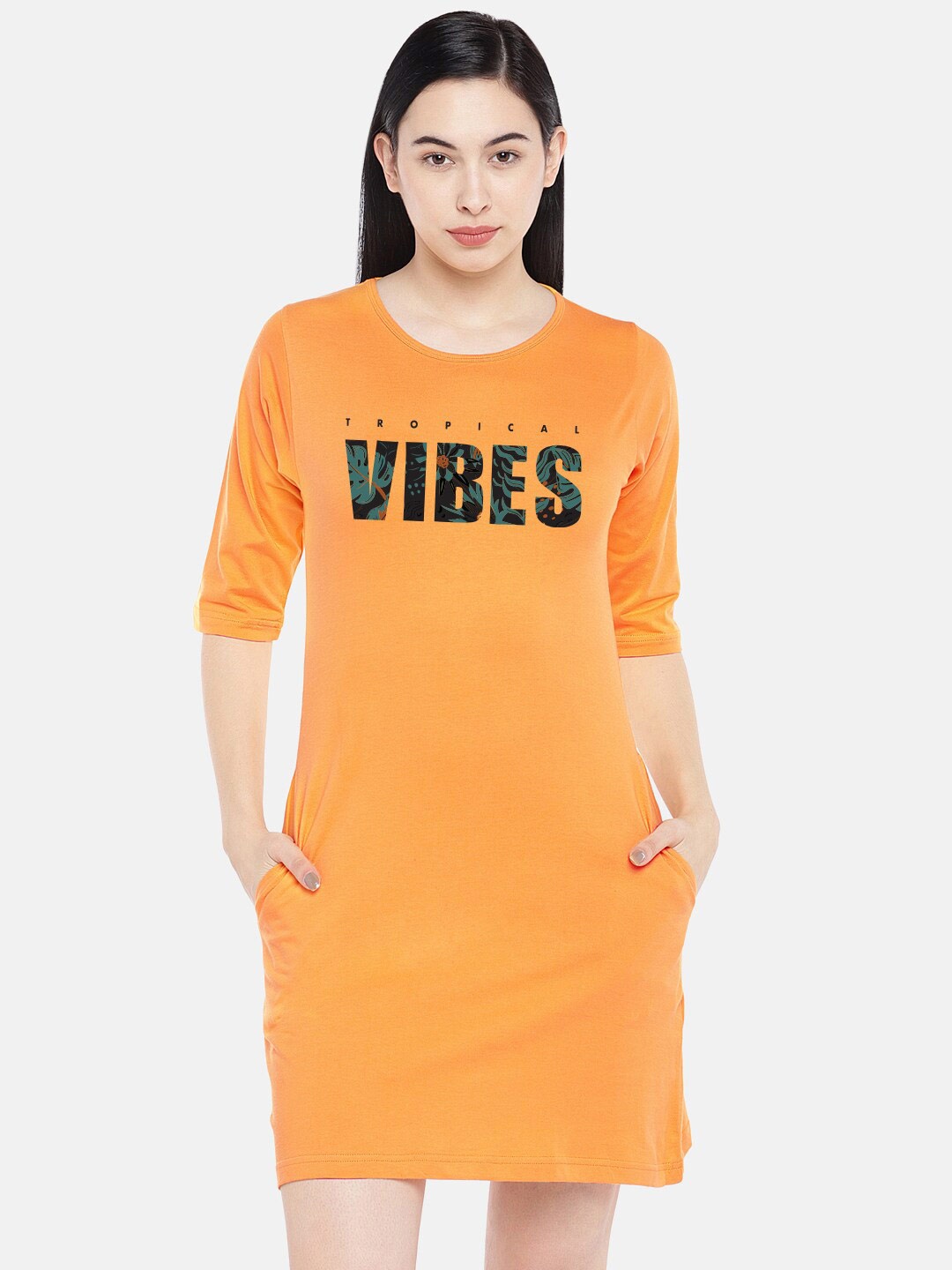 

STATUS MANTRA Yellow Print T-shirt Dress