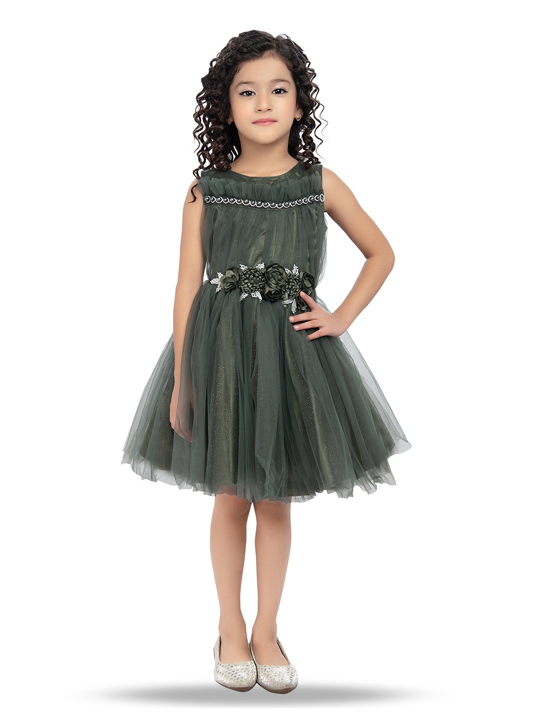 

BETTY Girls Embellished Corsage Detailed Fit & Flare Dress, Olive