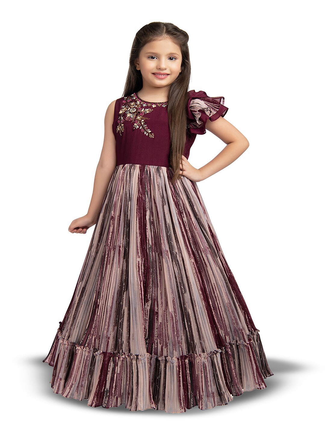 

BETTY Girls Ethnic Embellished One Side Cut Shoulder Frilled Maxi Ethnic dress, Burgundy