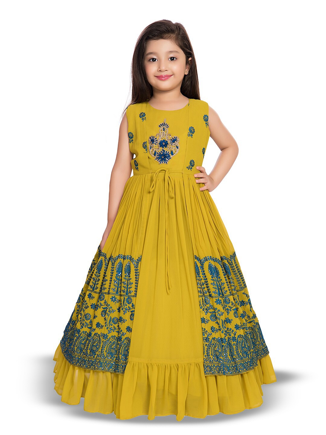 

BETTY Girls Embroidered Fit&Flare Maxi Ethnic Dress With Jacket, Yellow