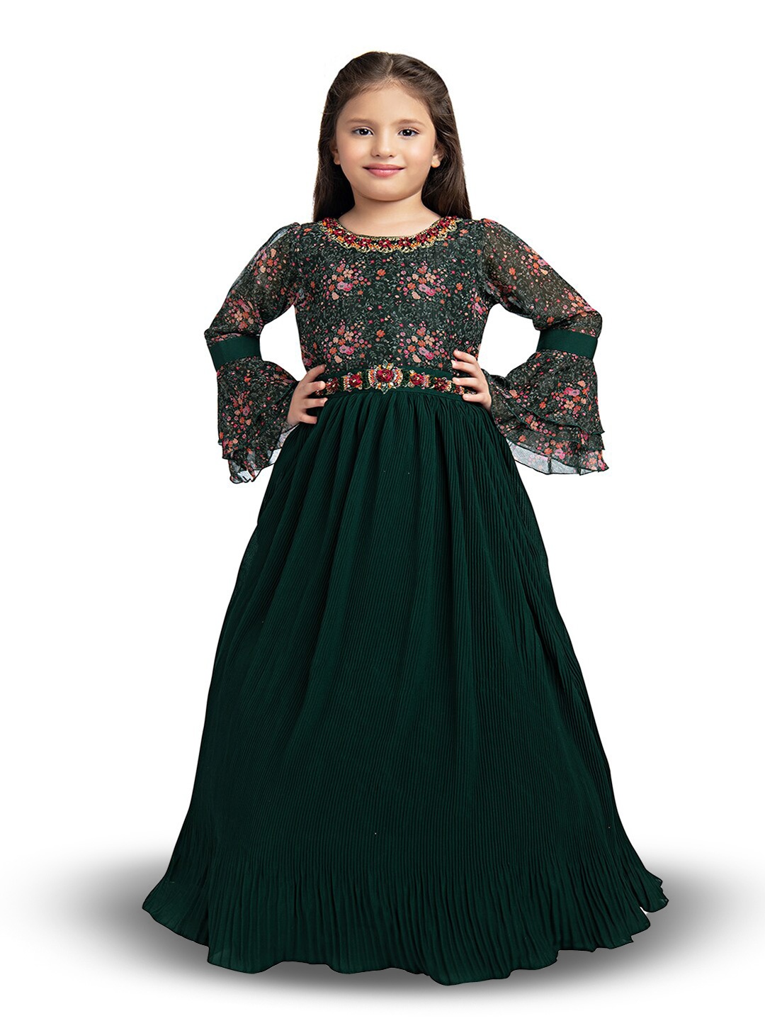 

BETTY Green Floral Bell Sleeve Maxi Dress
