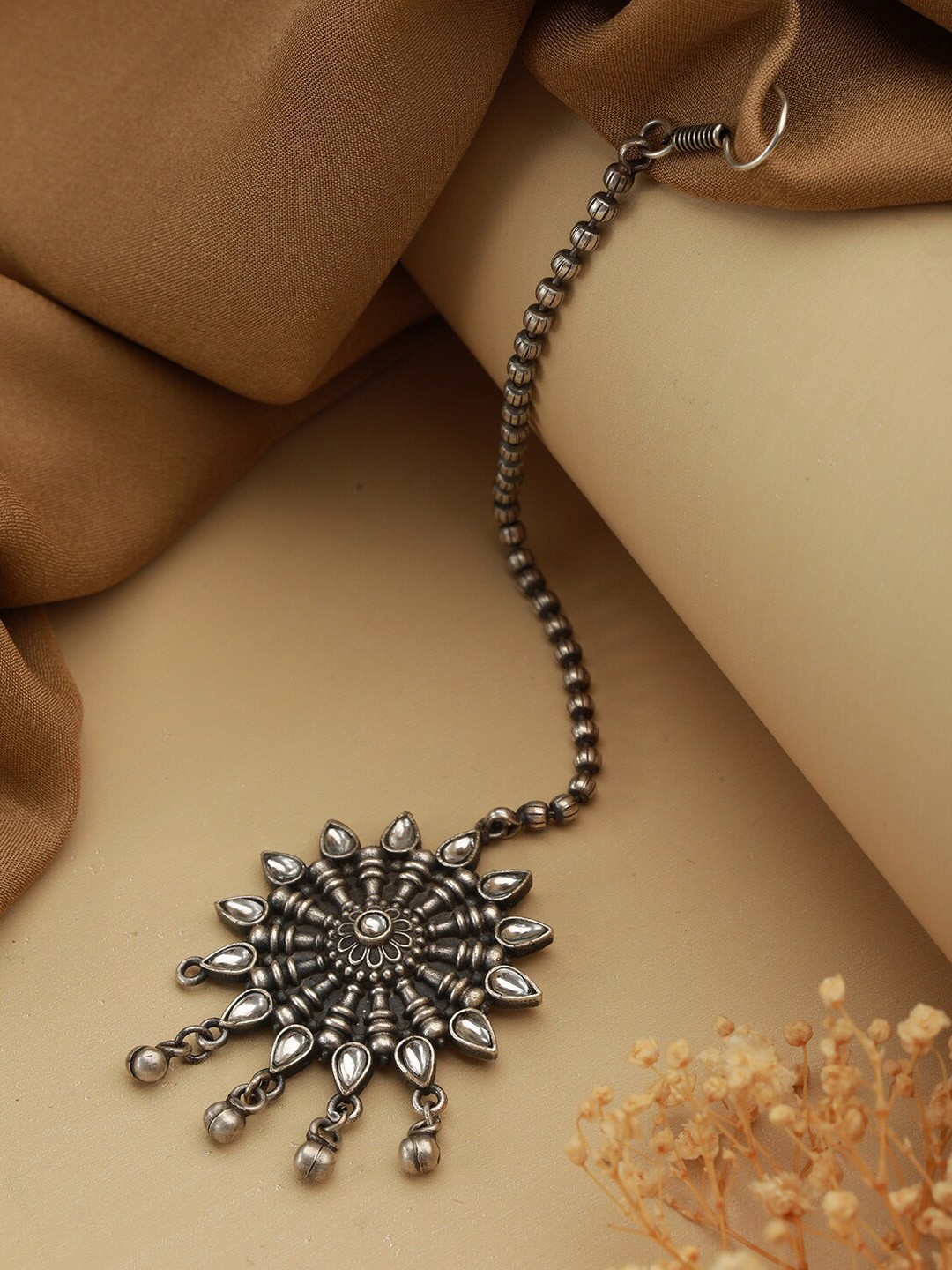 

Priyaasi German Silver Oxidised Flower Drop Maang Tikka