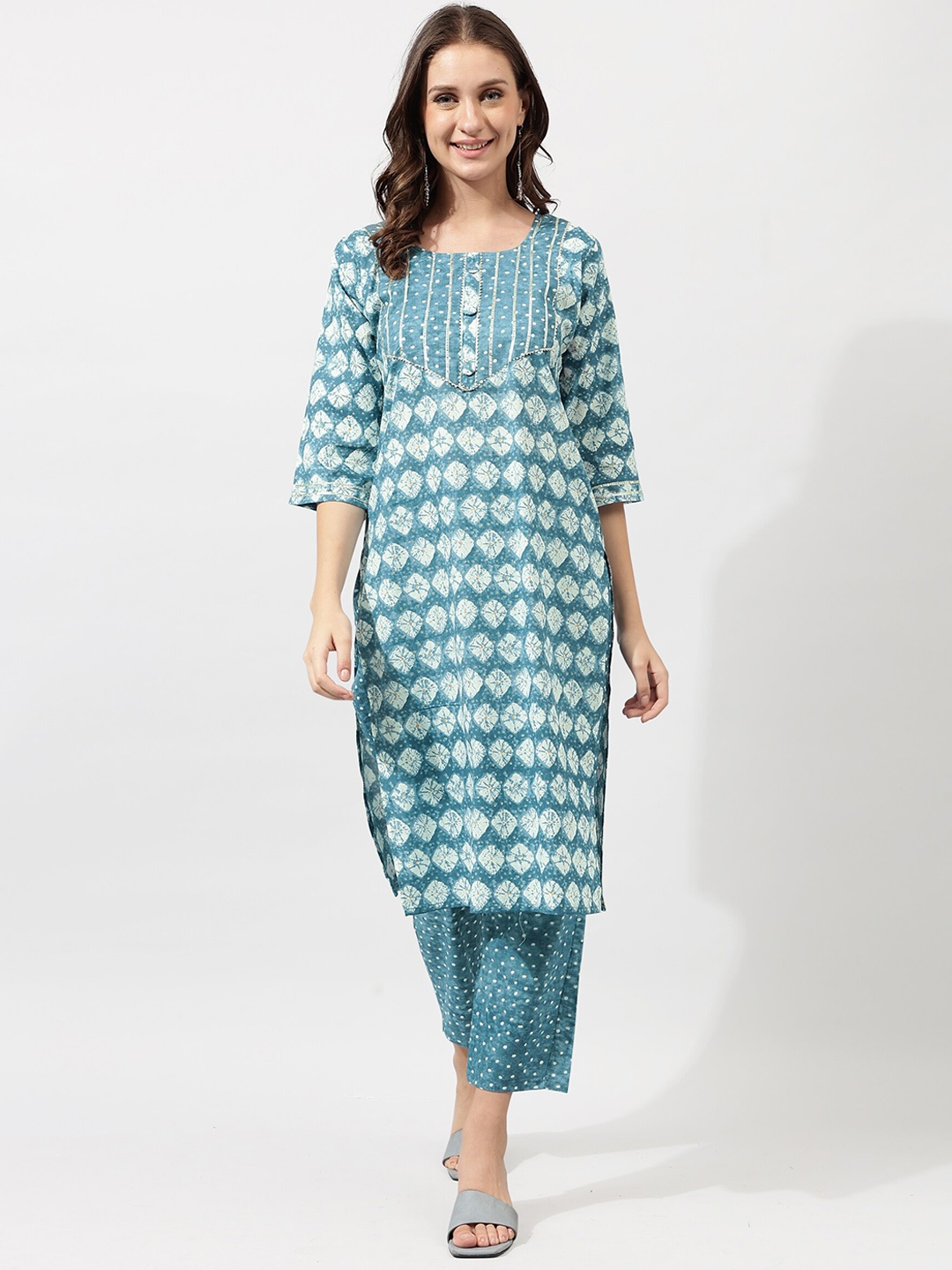 

KALINI Blue Ethnic Motifs Printed Gotta Patti Pure Cotton Kurta with Trousers