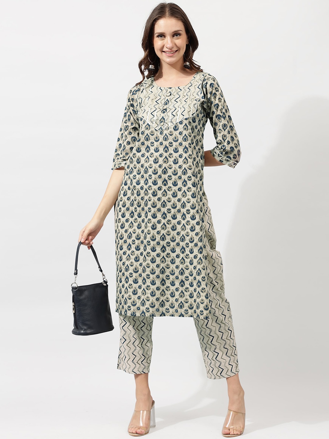 

MIRCHI FASHION Beige Ethnic Motifs Printed Gotta Patti Pure Cotton Kurta with Trousers