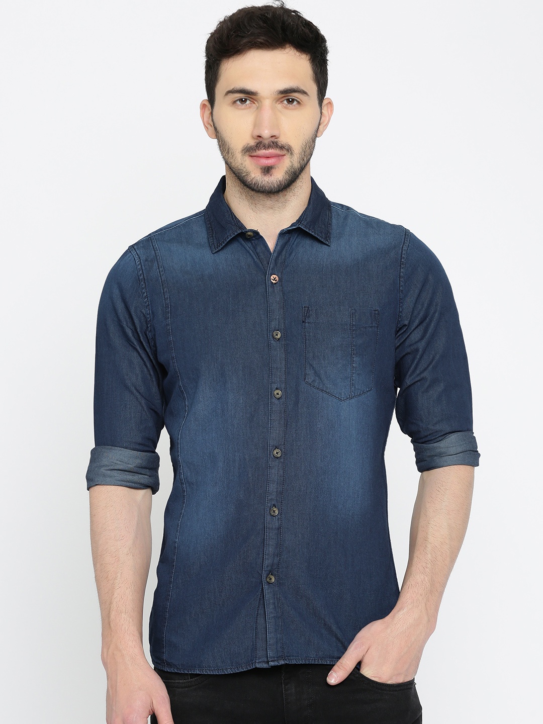 

WROGN Men Blue Slim Fit Faded Casual FDenim Shirt