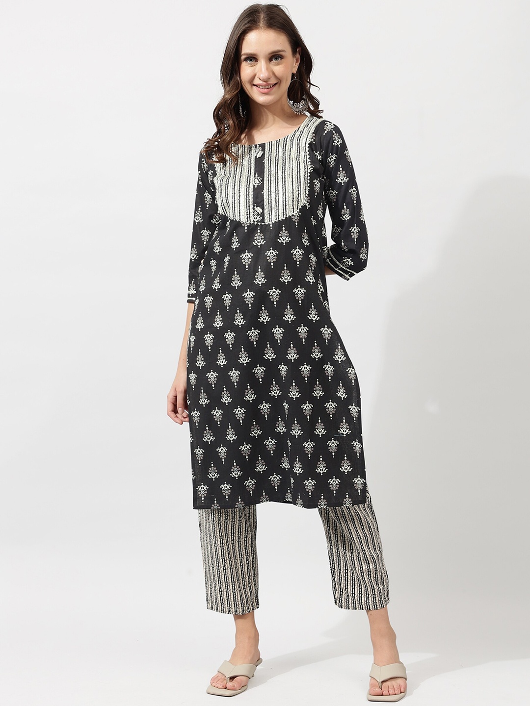 

KALINI Black Ethnic Motifs Printed Gotta Patti Pure Cotton Kurta with Trousers