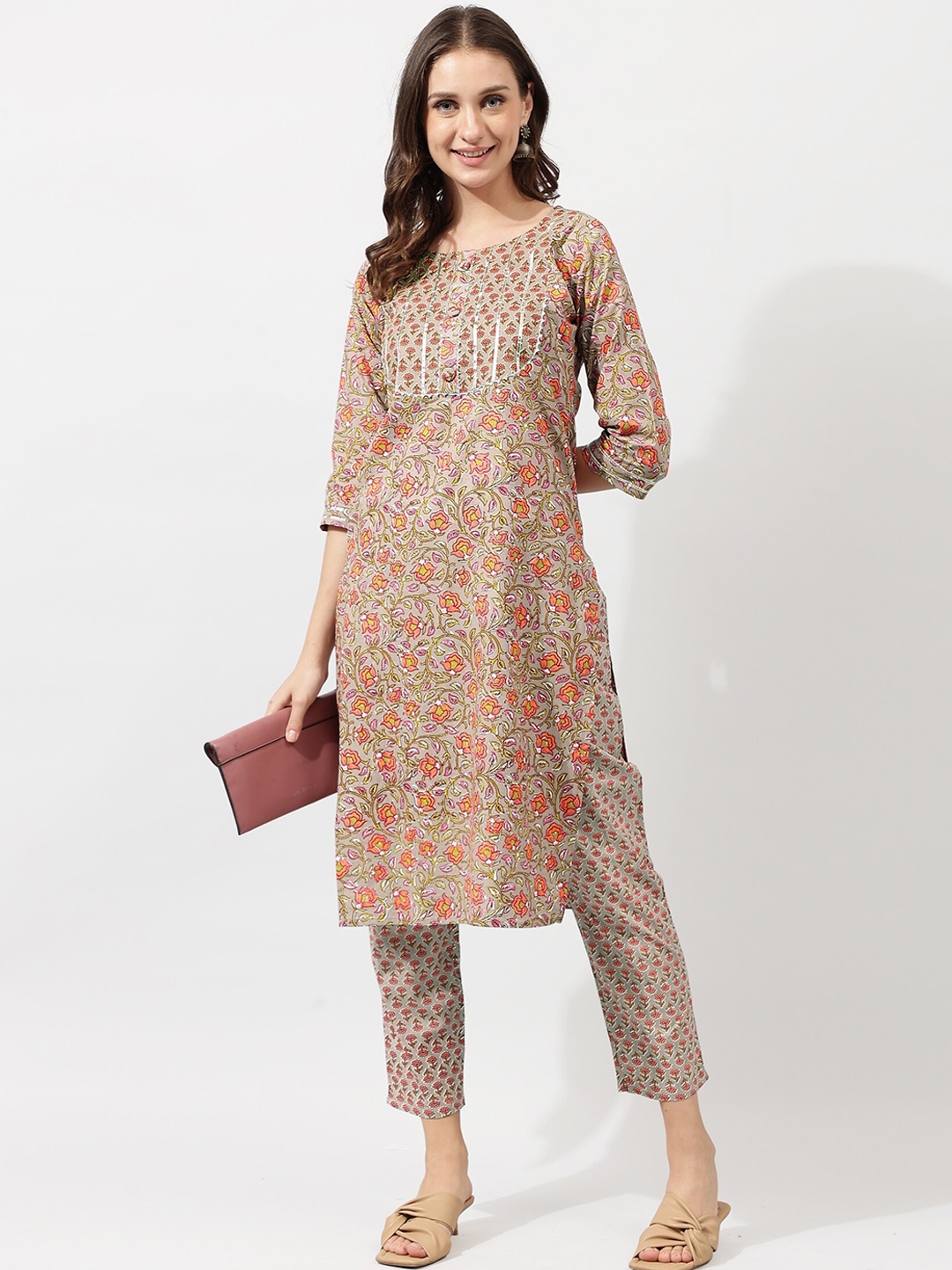 

KALINI Beige Ethnic Motifs Printed Gotta Patti Pure Cotton Kurta with Trousers