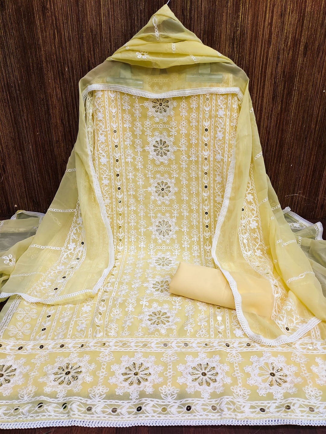 

KALINI Embroidered Unstitched Dress Material, Yellow