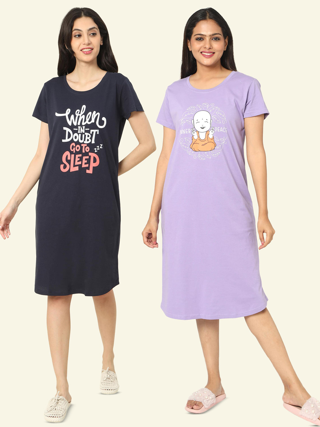 

9shines Label Pack Of 2 Typography Printed Pure Cotton Nightdress, Lavender