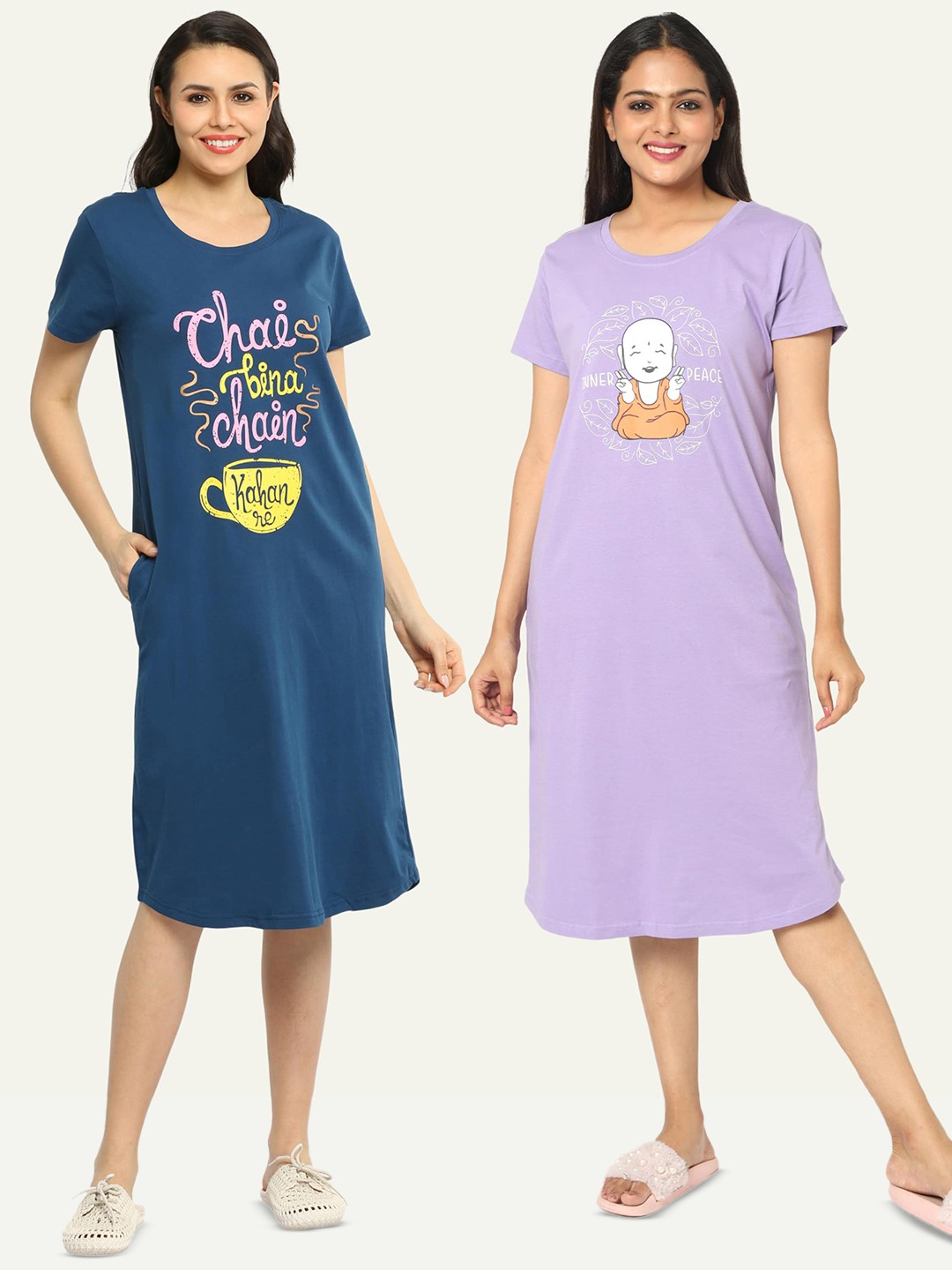 

9shines Label Women Pack of 2 Printed Pure Cotton T-shirt Nightdress, Blue