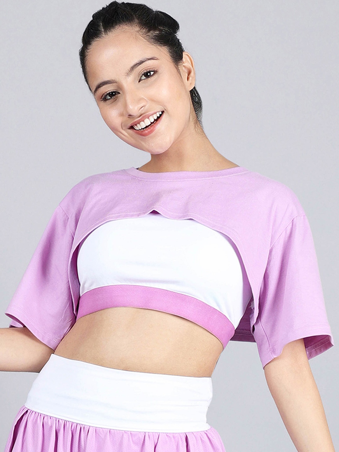 

DChica Girls Colourblocked Drop-Shoulder Sleeves Knitted Crop Top With Sports Bra, Lavender