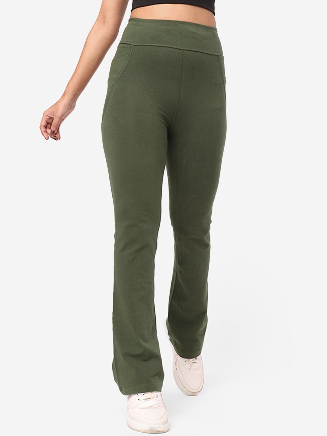 

Blissclub Women Comfort Bootcut High-Rise Trousers, Olive
