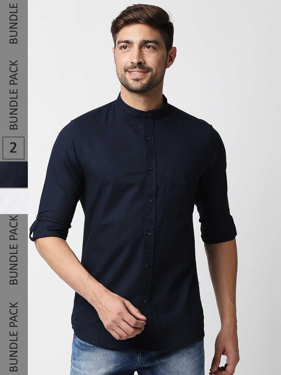 

EVOQ Pack Of 2 Band Collar Standard Casual Cotton Linen Shirts, White