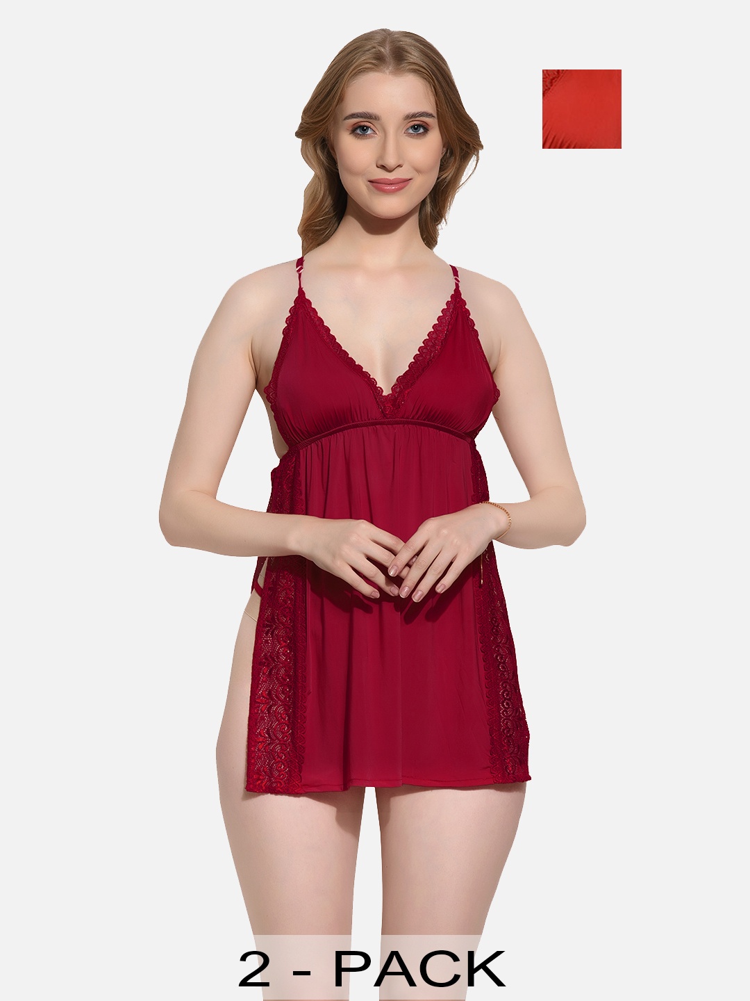 

FIMS Pack of 2 Self Design Satin Baby Dolls, Red