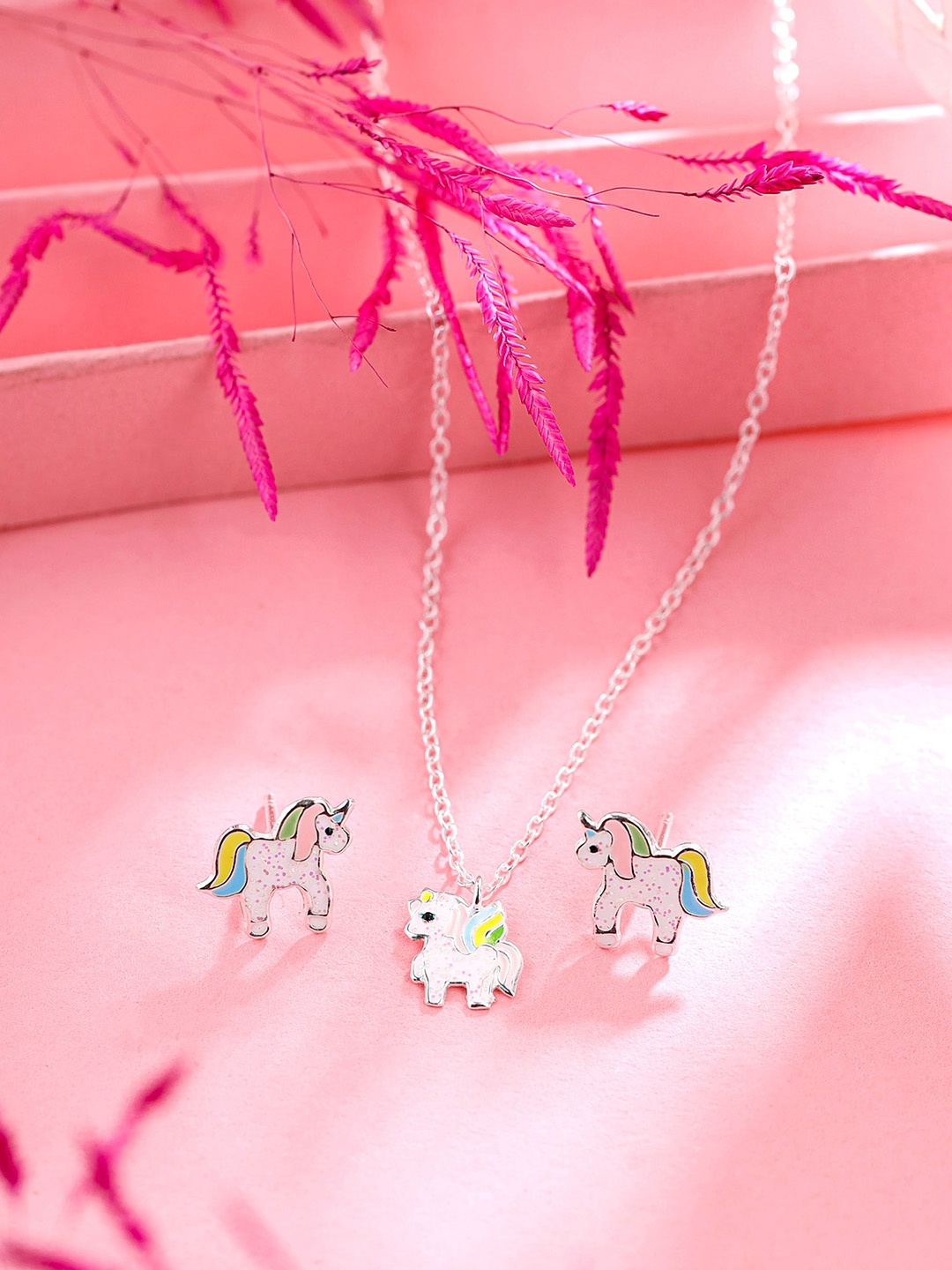 

Raajsi by Yellow Chimes Girls Silver-Plated Unicorn design Pendant With Earrings