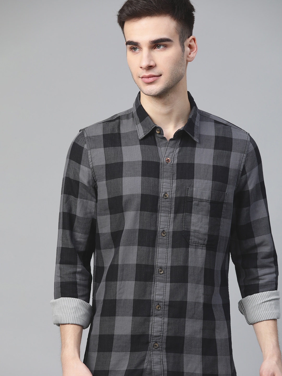 

WROGN Men Charcoal Grey Pure Cotton Slim Fit Buffalo Checks Casual Shirt