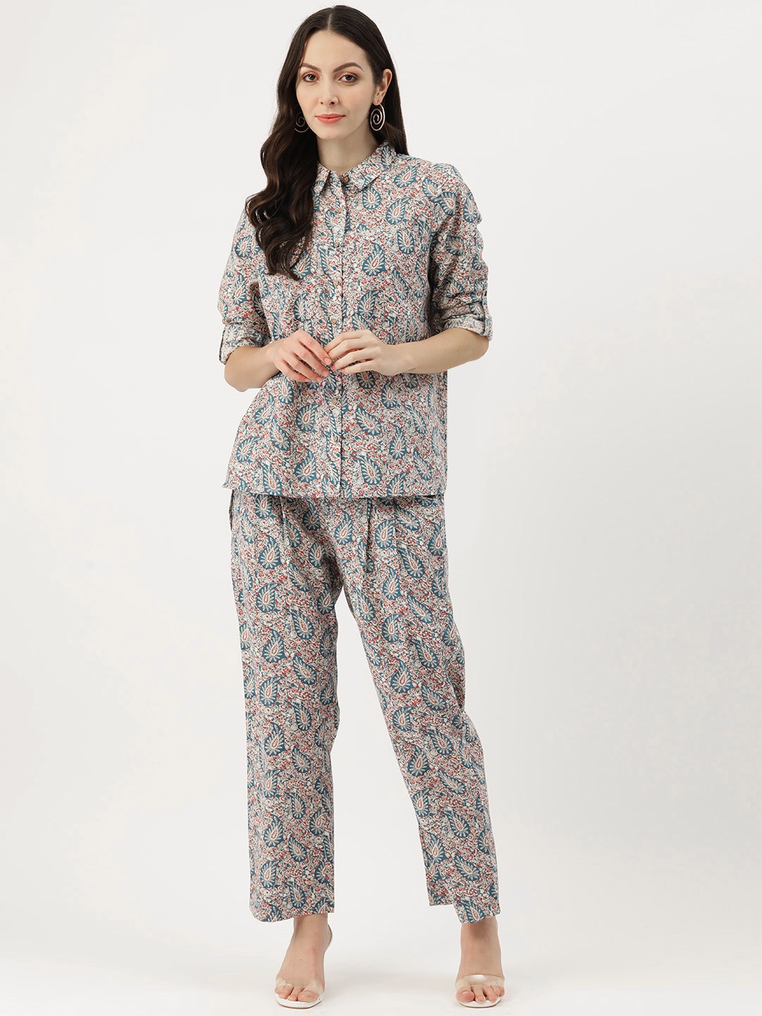 

MISRI Ethnic Motifs Printed Pure Cotton Casual Shirt with Trousers, White
