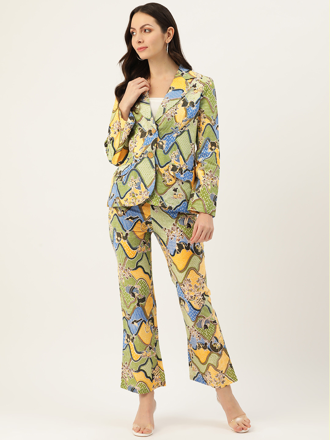 

MISRI Pure Cotton Abstract Print Blazer With Trouser, Green
