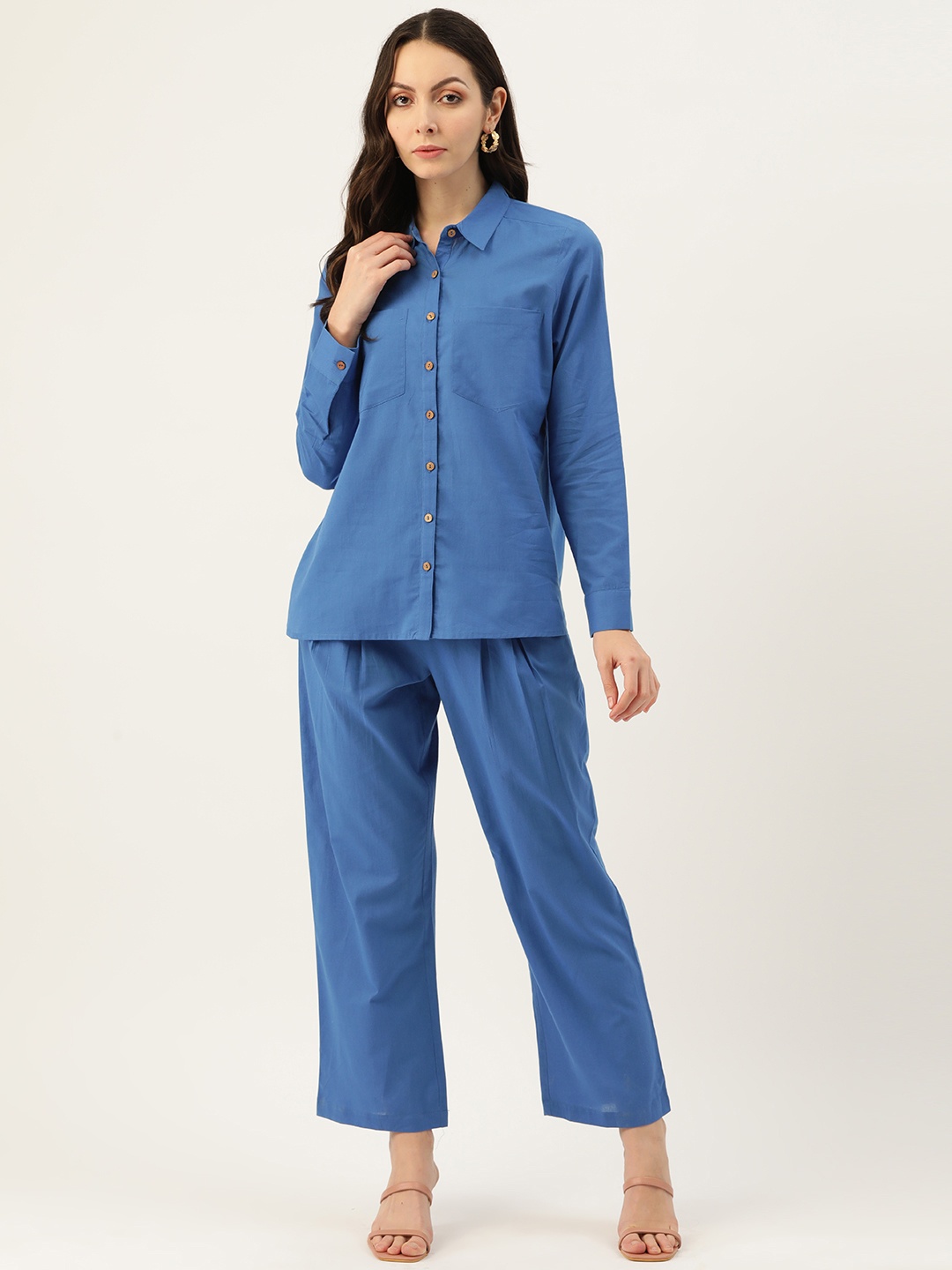 

MISRI Women Pure Cotton Solid Co-Ords, Blue
