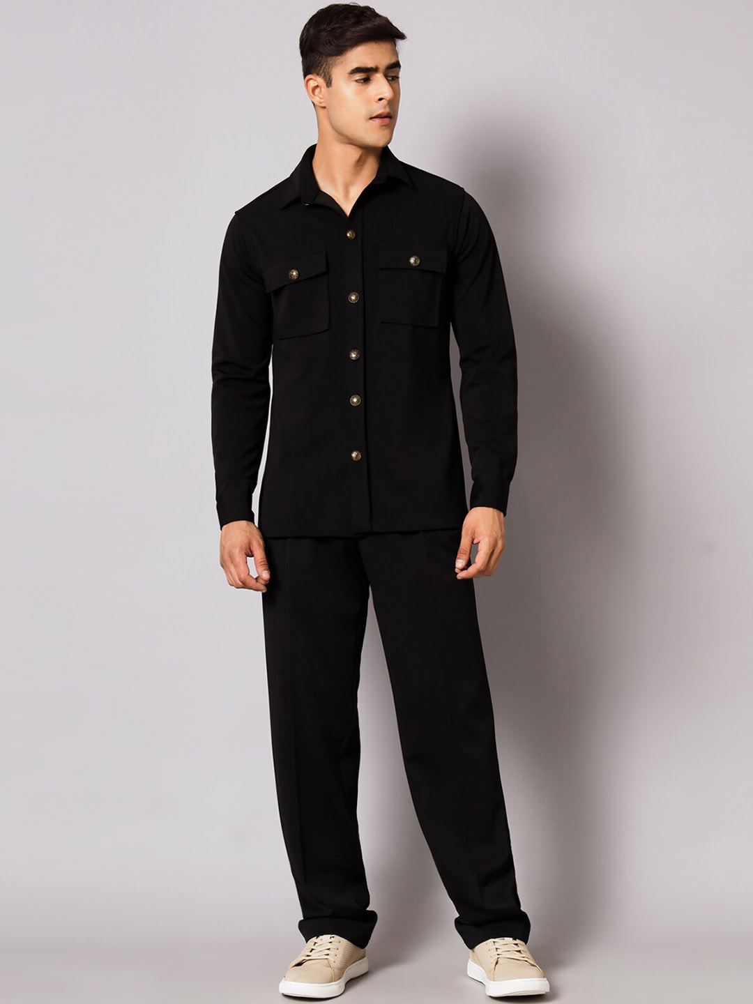 

MAXENCE Spread Collar Linen Shirt And Trousers, Black