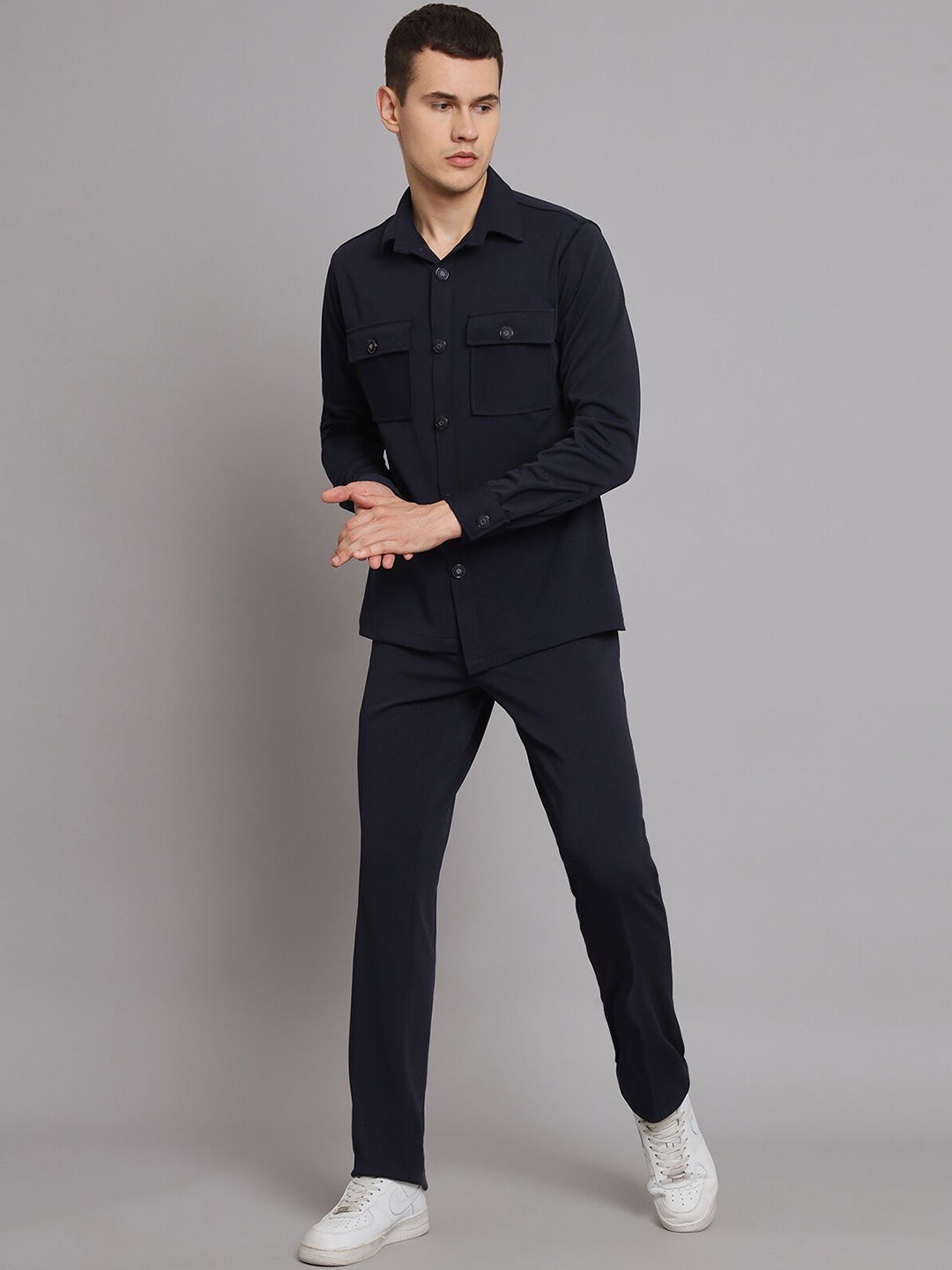 

MAXENCE Spread Collar Linen Shirt and Trousers, Navy blue