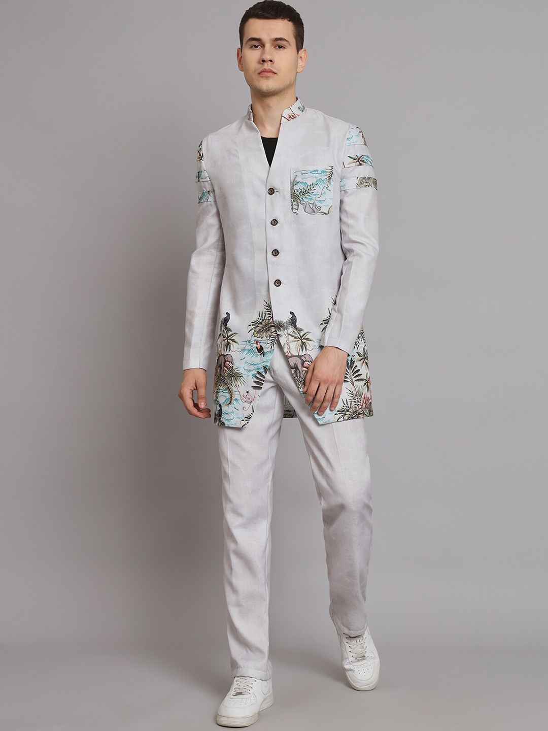 

MAXENCE Mandarin Collar Printed Linen Blazer With Trousers Co-Ords, White