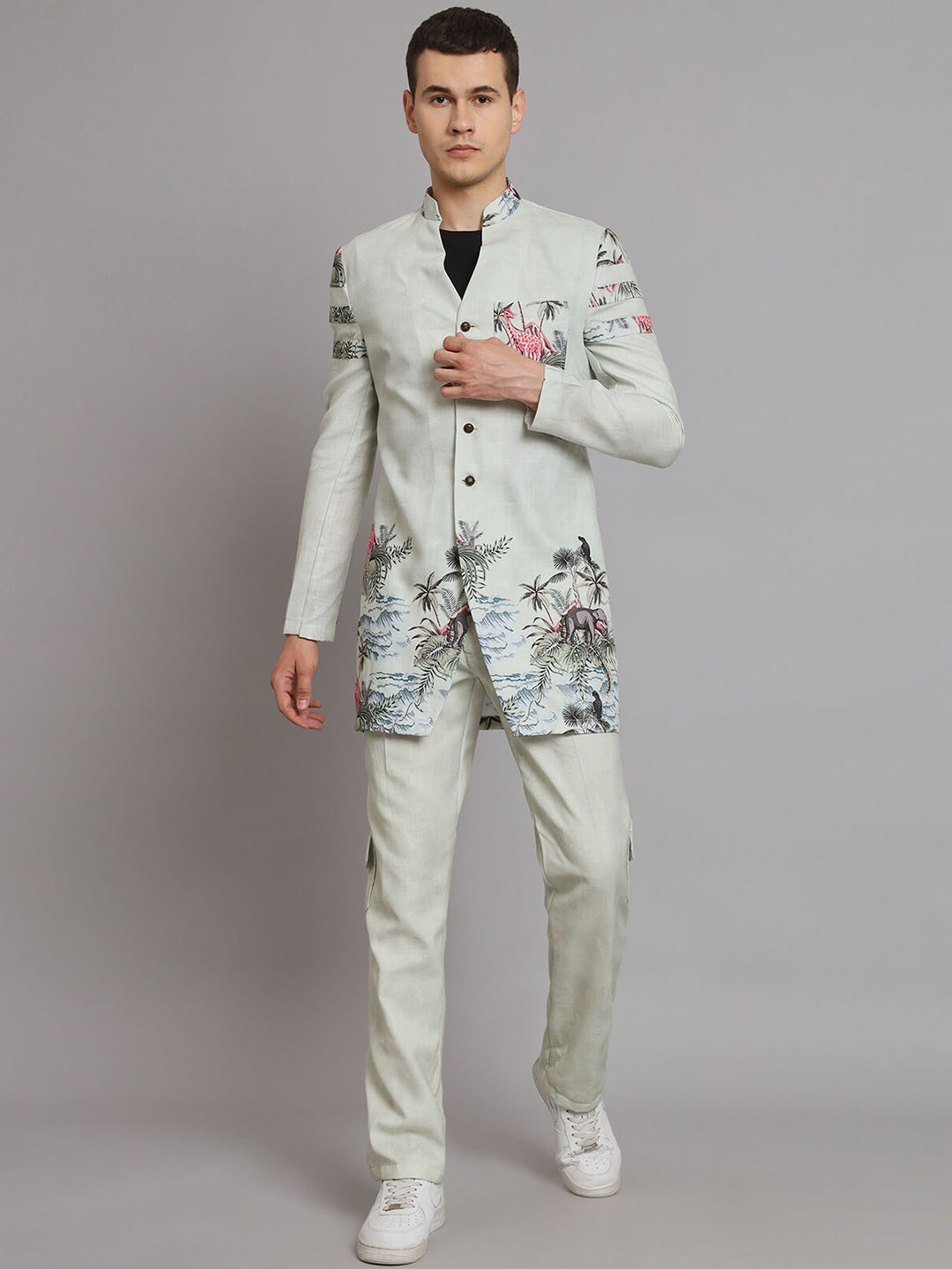 

MAXENCE Mandarin Collar Printed Linen Blazer With Trousers Co-Ords, Green