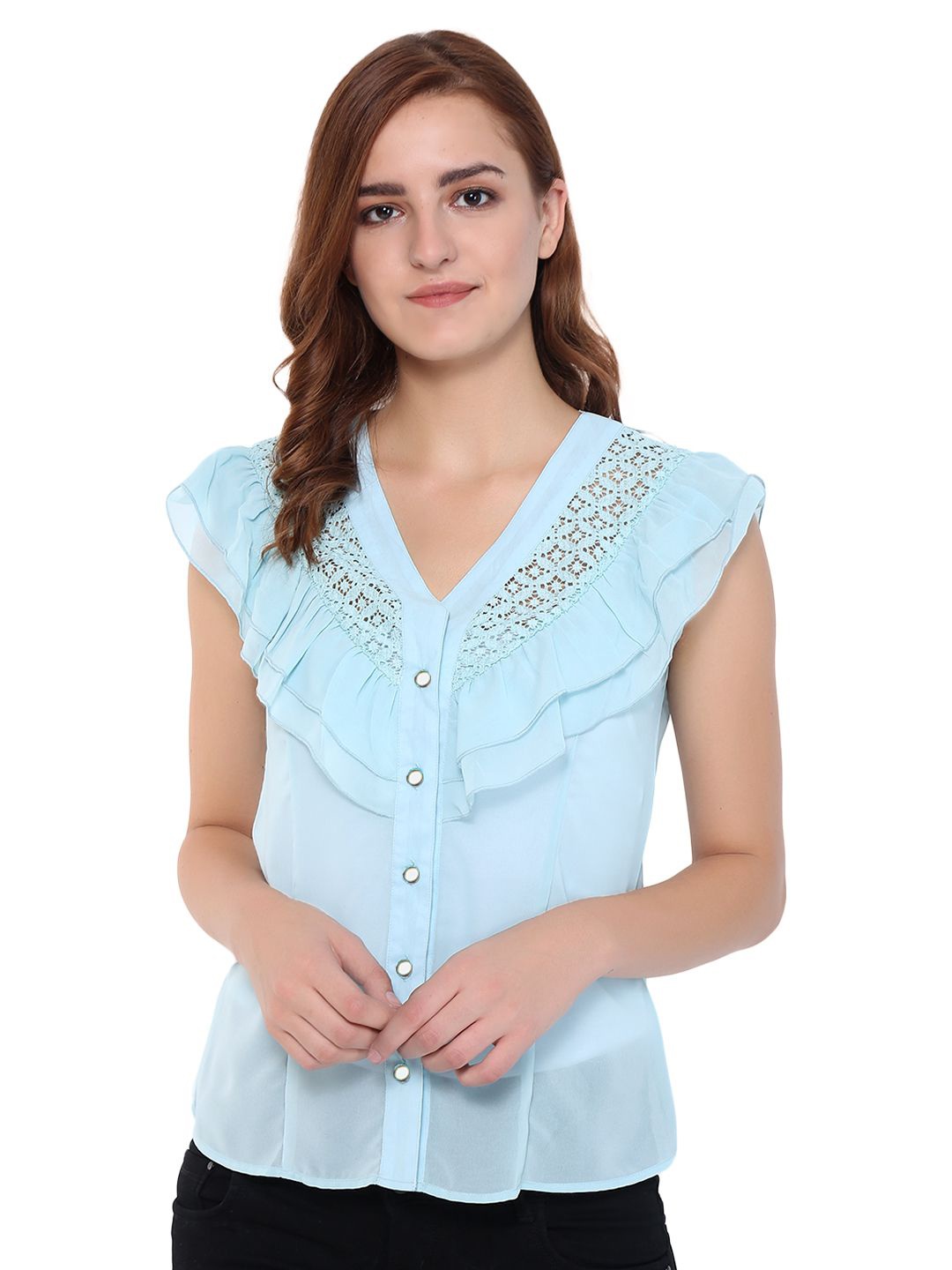 

Purple State V-Neck Georgette Laced Shirt Style Top, Blue