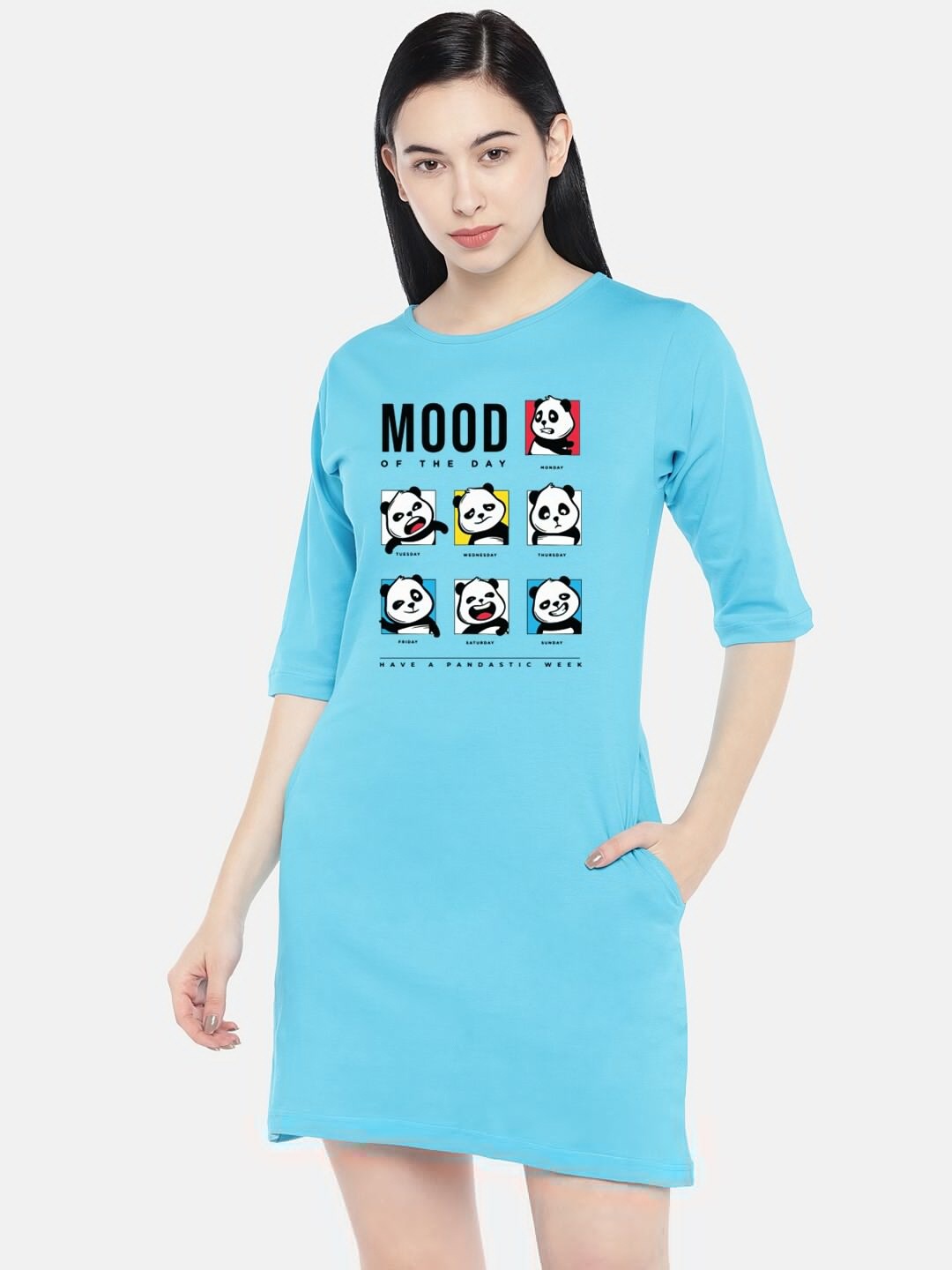 

STATUS MANTRA Graphic Print Pure Cotton T-shirt Dress, Turquoise blue