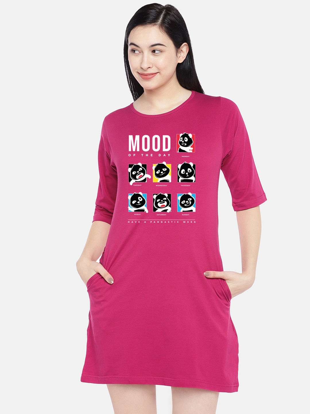 

STATUS MANTRA Typography Printed Pure Cotton T-shirt Dress, Purple