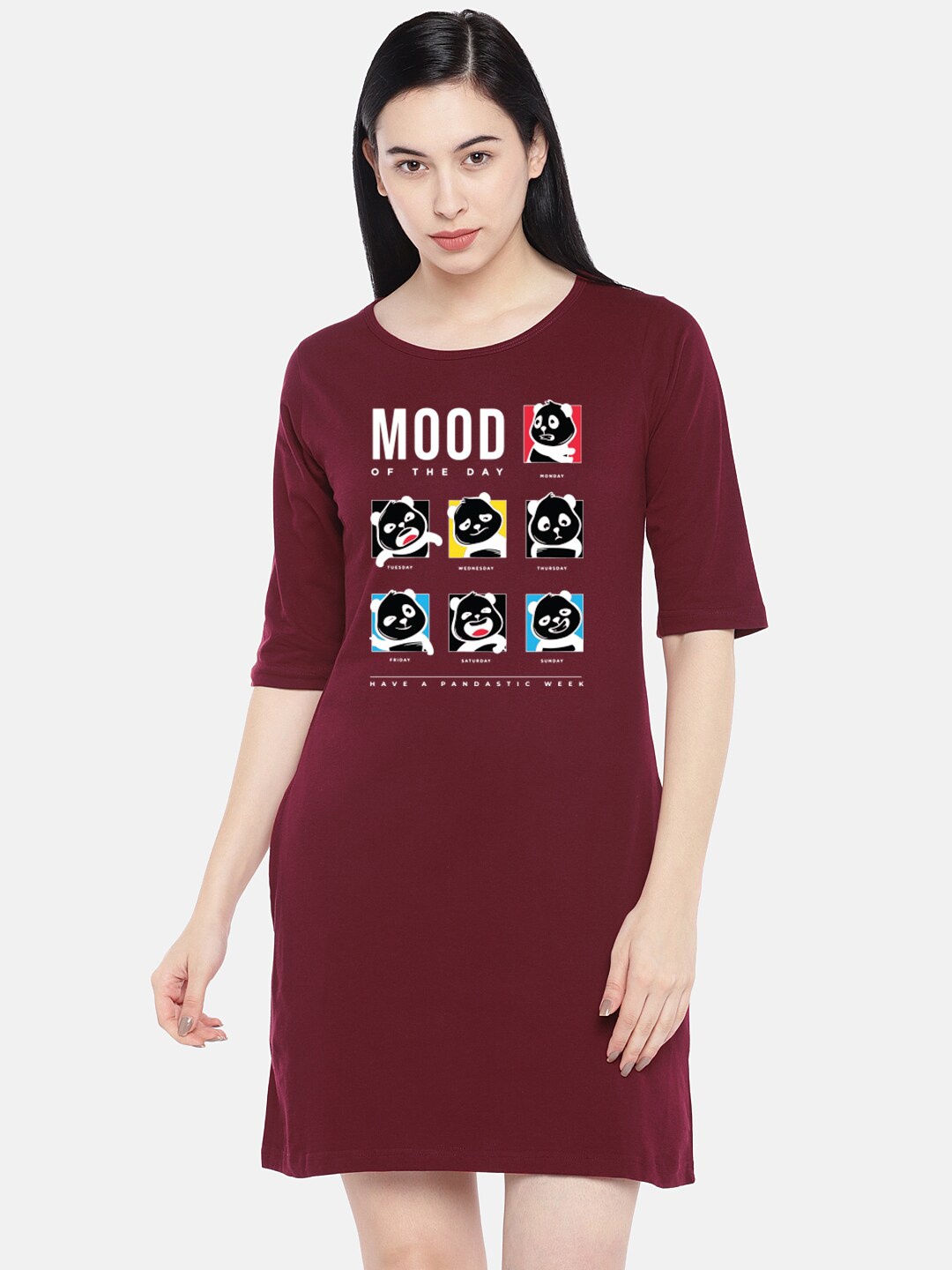 

STATUS MANTRA Graphic Print Pure Cotton T-shirt Dress, Maroon