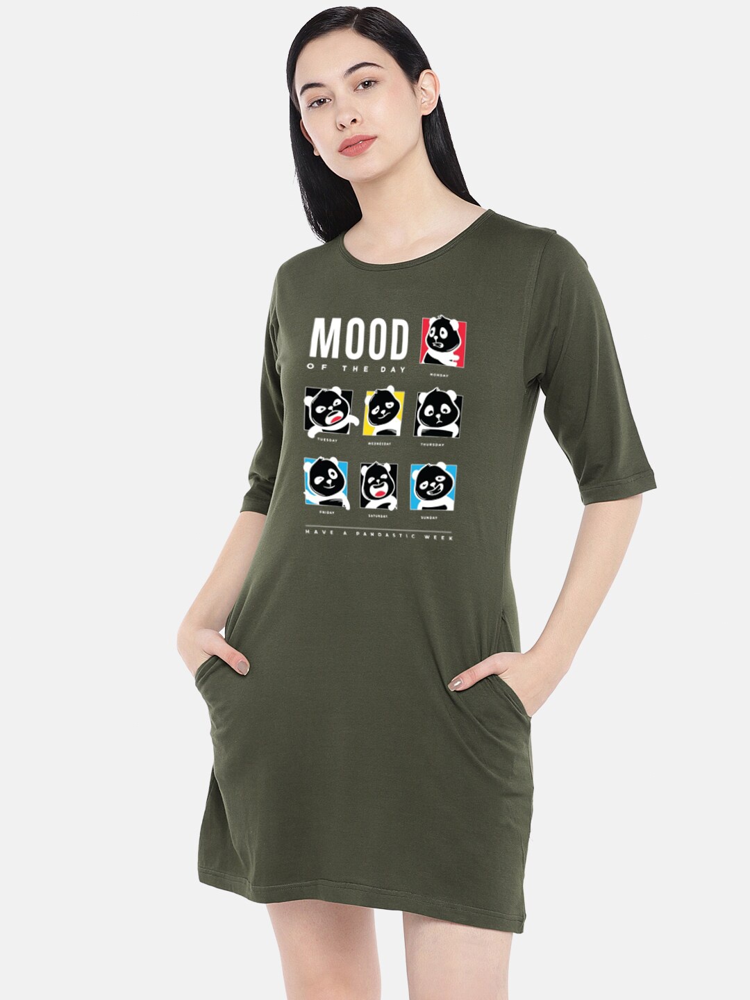 

STATUS MANTRA Typography Printed Pure Cotton T-shirt Dress, Olive