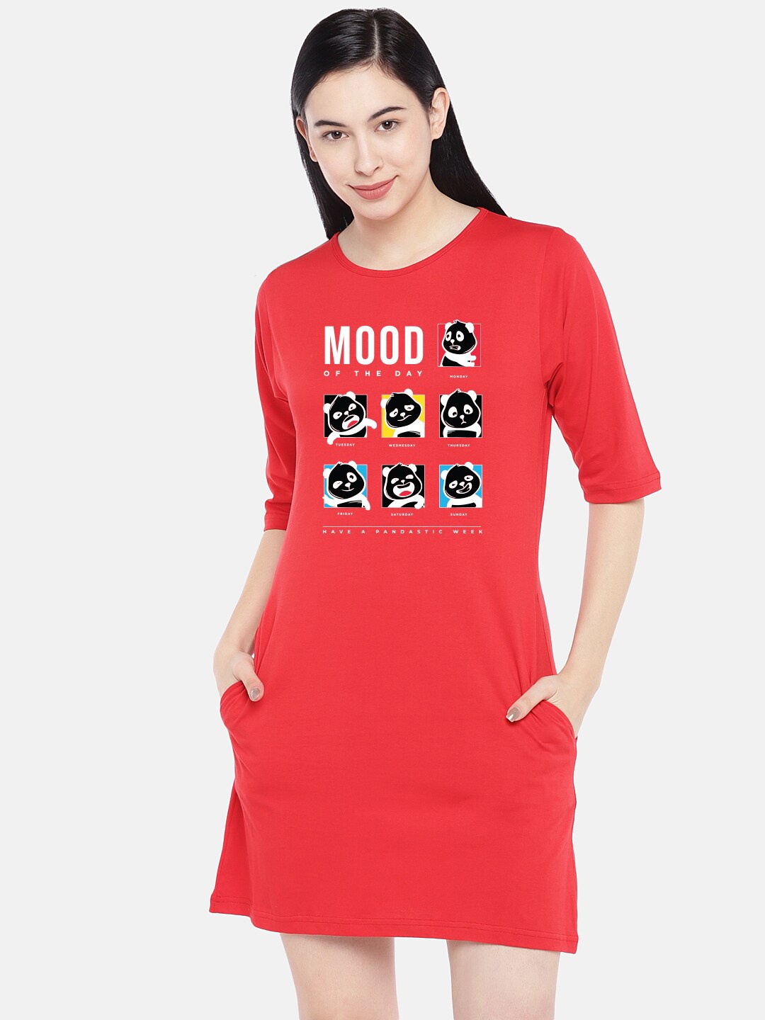 

STATUS MANTRA Graphic Print Pure Cotton T-shirt Dress, Red
