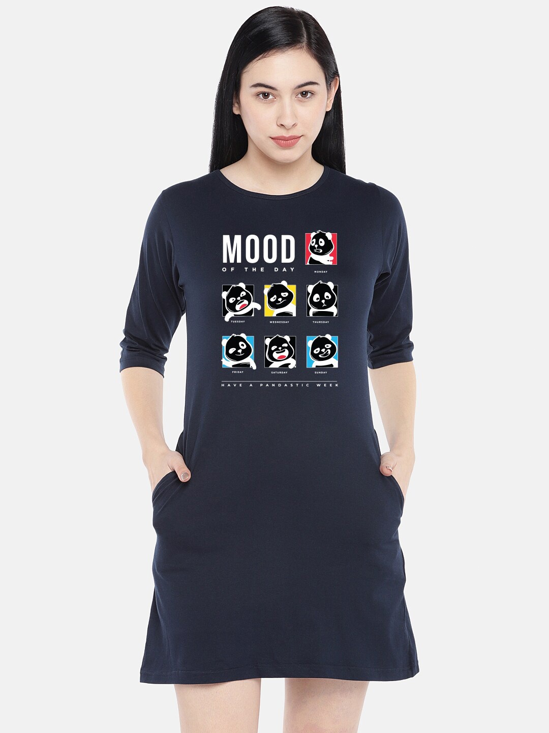 

STATUS MANTRA Graphic Print Pure Cotton T-shirt Dress, Navy blue