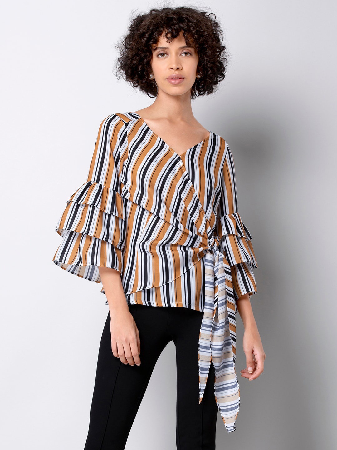 

FabAlley Yellow Striped V-Neck Bell Sleeves Georgette Wrap Top