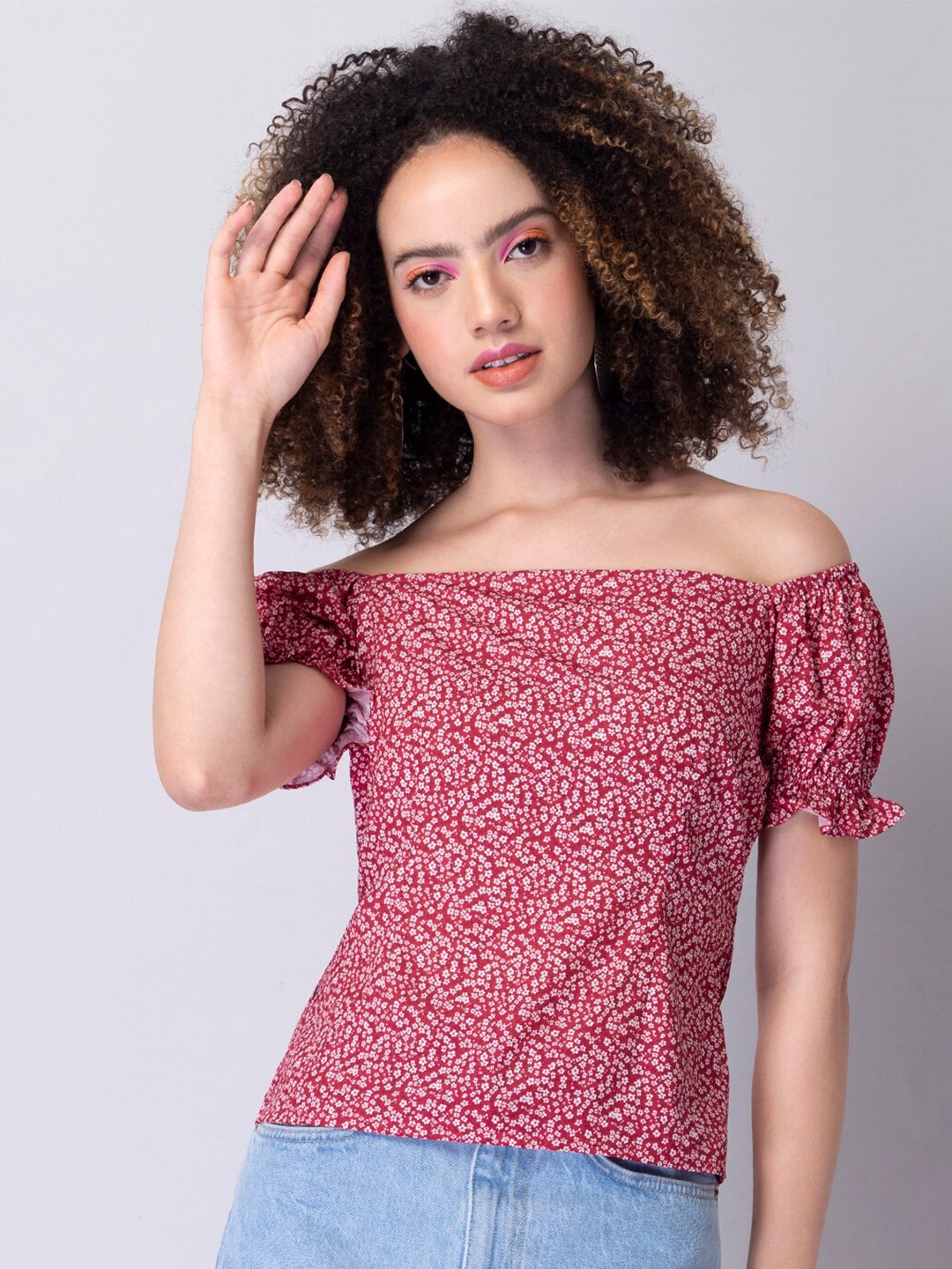 

FabAlley Red Floral Print Off-Shoulder Puff Sleeve Crepe Bardot Top