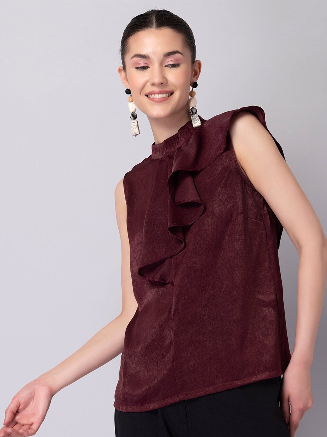 

FabAlley Purple Tie-Up Neck Satin Top