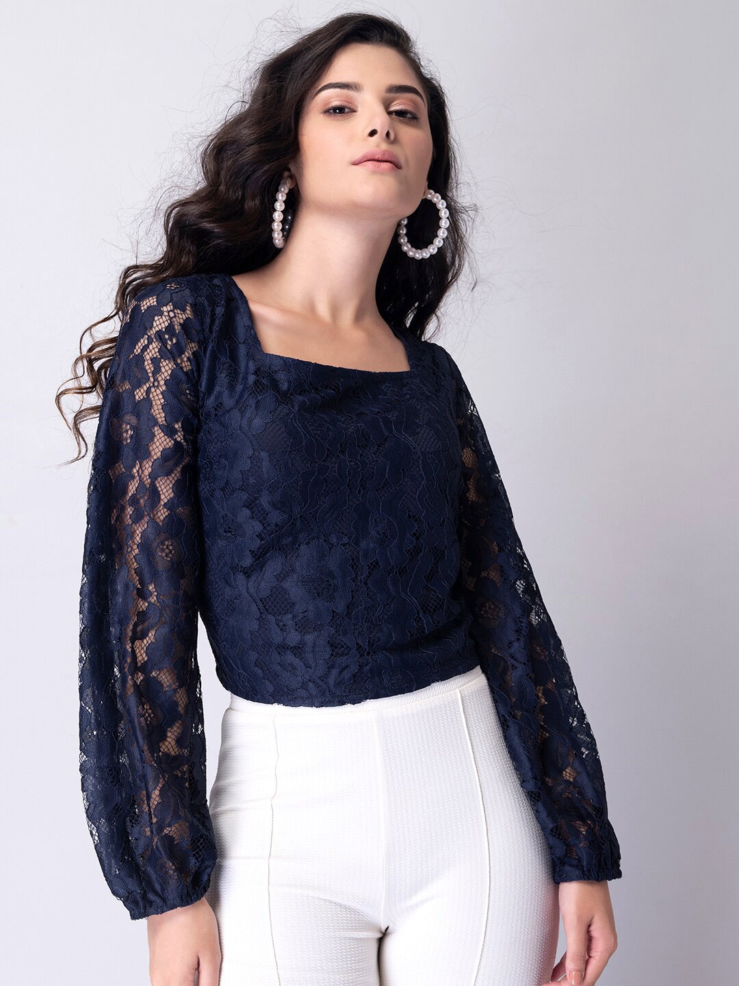 

FabAlley Navy Blue Lace Top