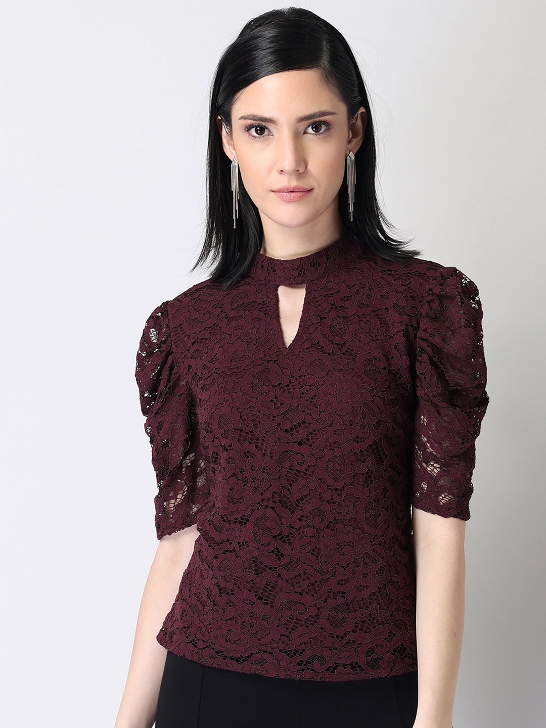 

FabAlley Purple Keyhole Neck Puff Sleeve Lace Top