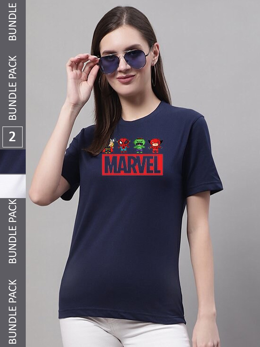 

Miaz Lifestyle Pack Of 2 Typography Marvel Printed Pure Cotton T-Shirt, Navy blue