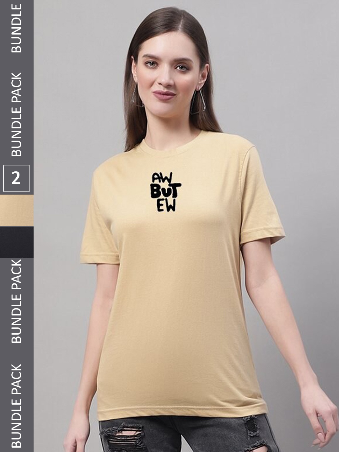 

Miaz Lifestyle Pack Of 2 Typography Printed Pure Cotton T-Shirt, Beige