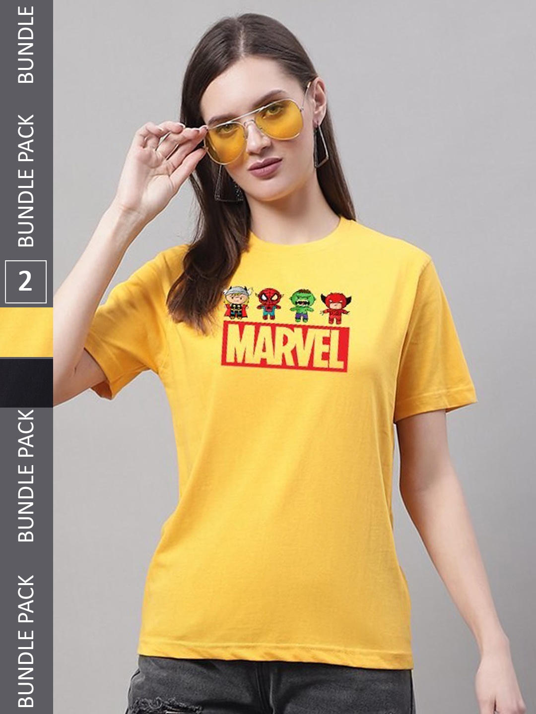 Miaz Lifestyle Pack Of 2 Printed Pure Cotton T-shirts, Yellow