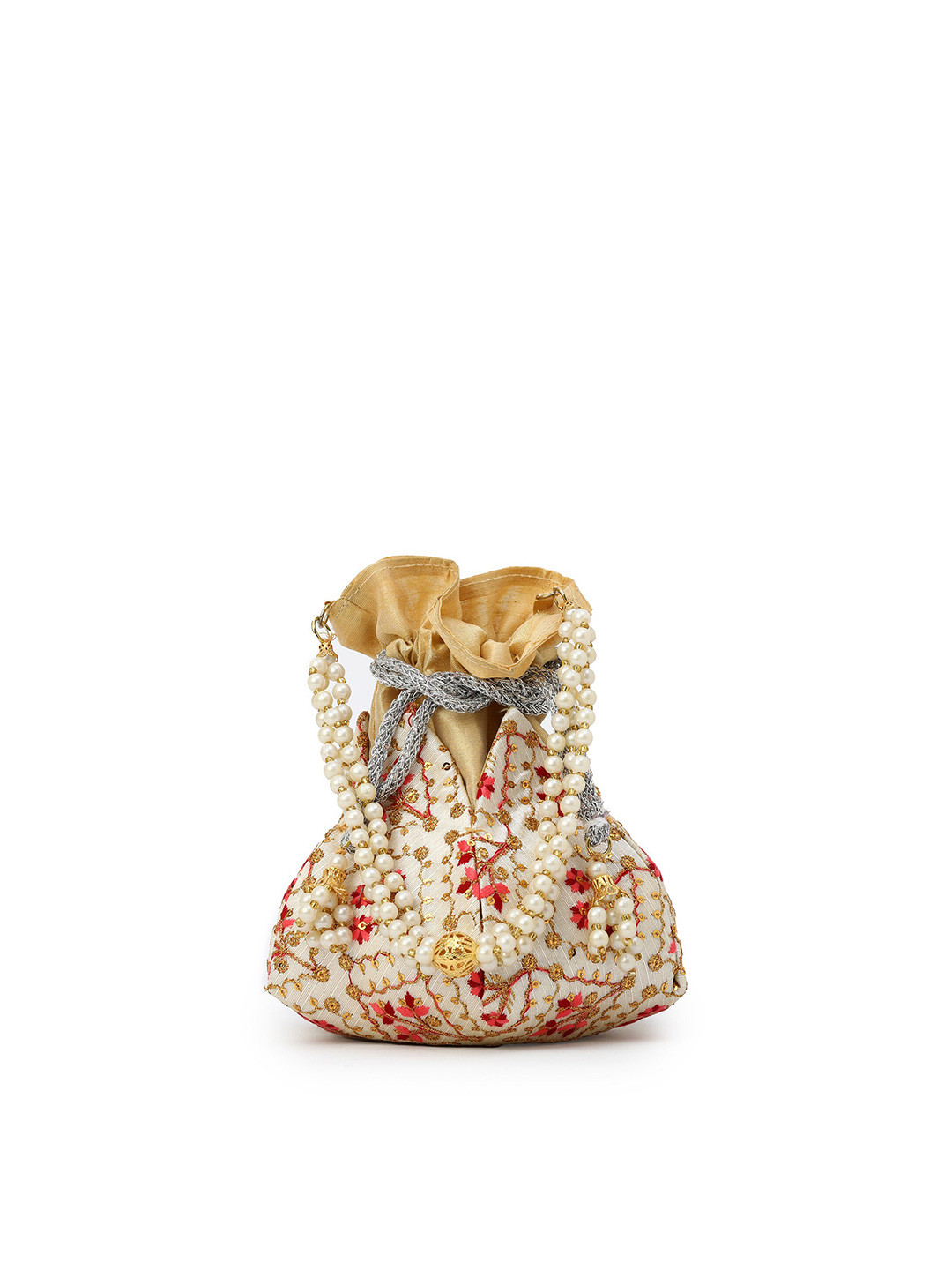 

gaura pakhi Ethnic Motifs Embroidered Beaded Potli Clutch, White