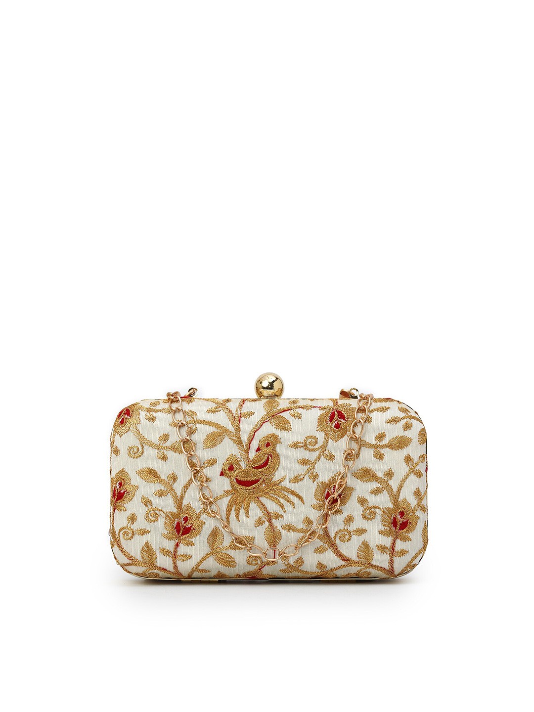 

gaura pakhi Floral Embroidered Fabri Box Clutch, Off white