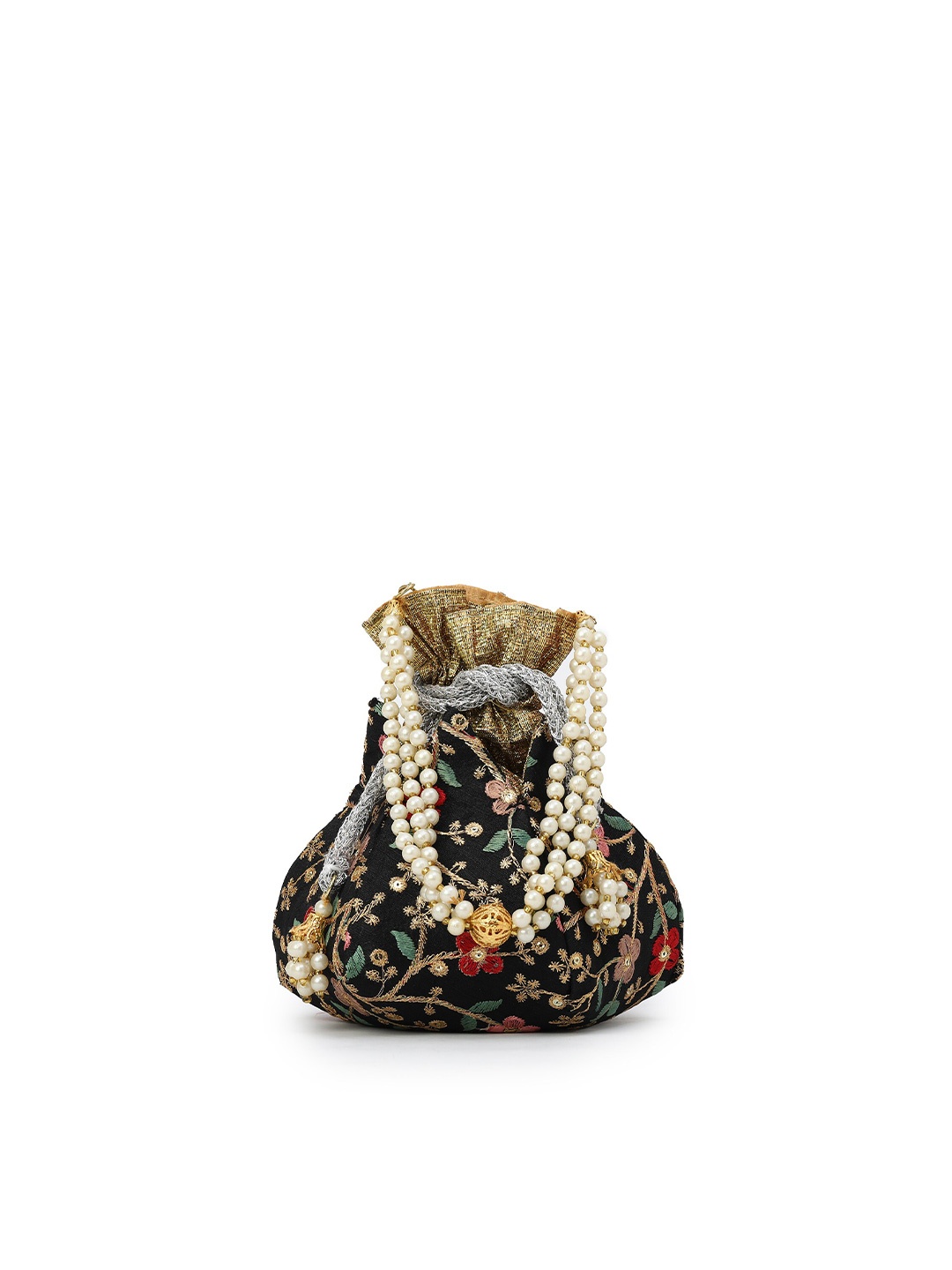 

gaura pakhi Floral Embroidered Beaded Canvas Lotus Potli Clutch, Black