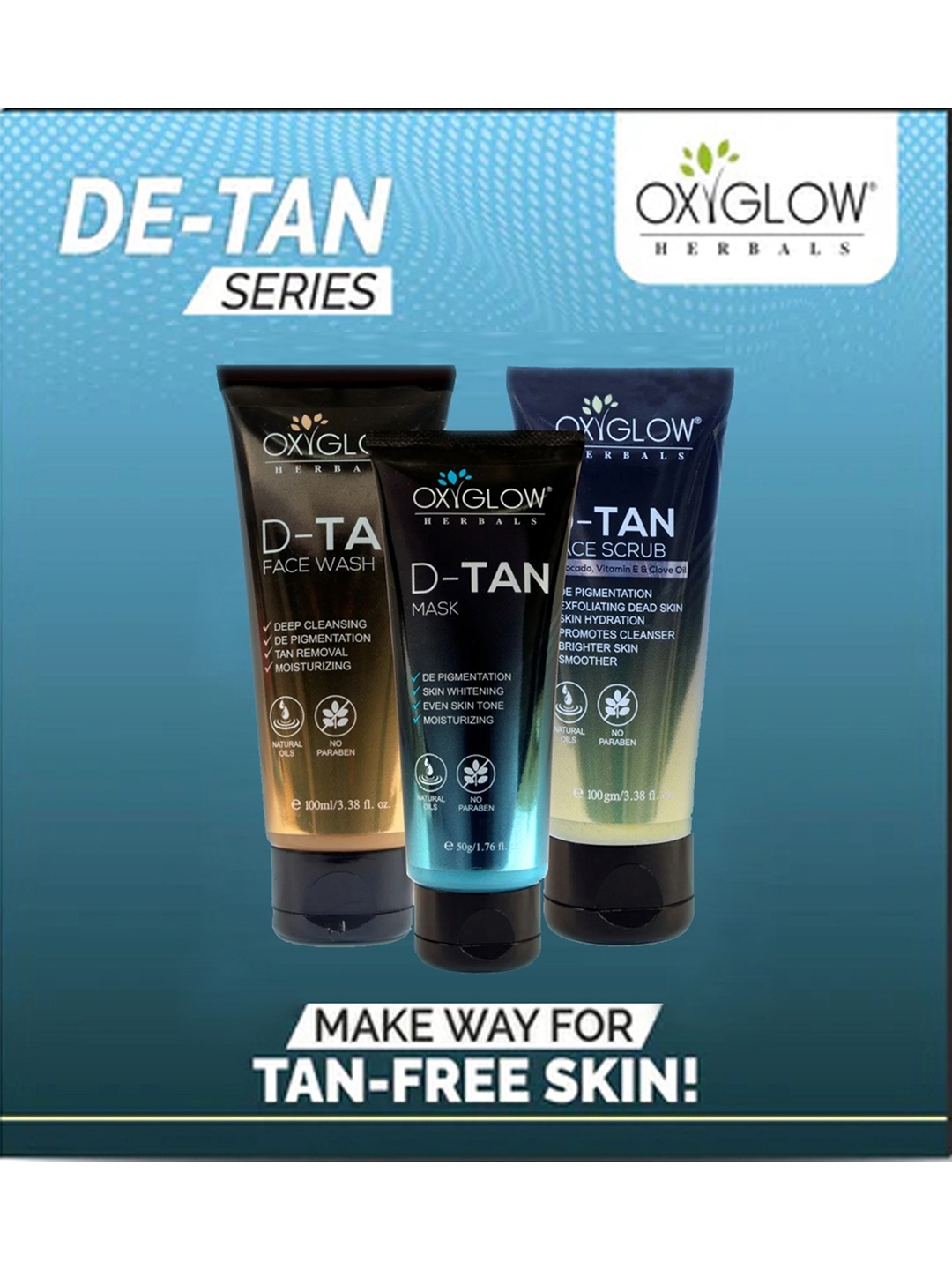 

Oxyglow Set Of 3 D-Tan Face Scrub & Mask With Face Wash - 100ml+50g+100ml, Brown