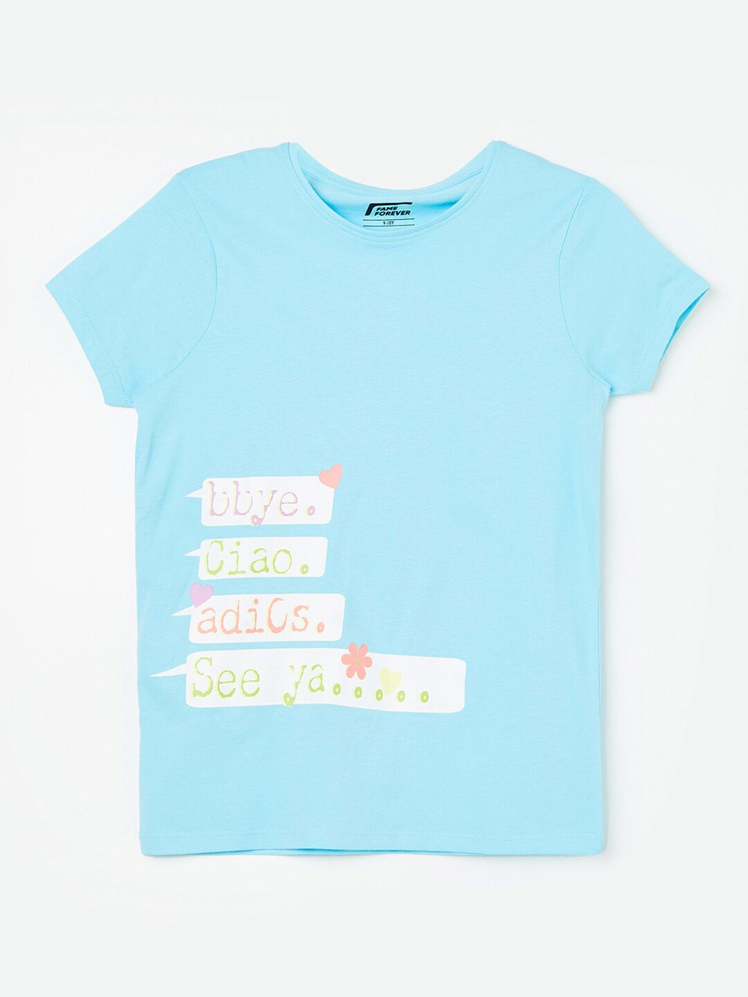 

Fame Forever by Lifestyle Girls Blue Typography Printed V-Neck Applique T-shirt